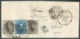 N°14(2)-15 - Médaillons 10(x2) Et 20 Centimes, Obl. P.85 Sur Lettre De NAMUR le 31 Mars 1864 Vers Paris. - TB Affranchis - 1863-1864 Medaillen (13/16)