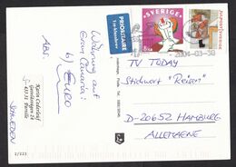Sweden: Picture Postcard To Germany, 2004, 2 Stamps, Clown, Circus, Christmas, Priority Label (traces Of Use) - Covers & Documents