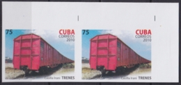 2010.628 CUBA MNH 2010 IMPERFORATED PROOF PAIR 75c FERROCARRIL RAILROAD CONTENEDORES CASILLA IRANI. - Imperforates, Proofs & Errors