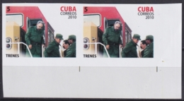 2010.630 CUBA MNH 2010 IMPERFORATED PROOF PAIR 5c FERROCARRIL RAILROAD FIDEL CASTRO. - Non Dentelés, épreuves & Variétés