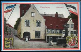 AK/CP Flensburg Patriotik Flaggen  Wappen  Nordertor    Gel./circ.   1924   Erh./Cond.  2   Nr. 01109 - Flensburg