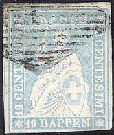 Suisse 1855: II.Periode Faden Hell-rot 10 RAPPEN Milchblau Laiteux Zu 23 Ca Mi 14IIAyoa Yv 27a Rauten-o (Zu CHF 250.00) - Gebraucht