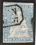 II.Periode Faden Hellrot 1855: 10 RAPPEN Blau Bleu Zu 23 Cc Mi 14IIAyoc Yv 27a Kasten-o ..N 57 Linéaire (Zu CHF 100.00) - Gebraucht