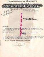 03 - MOULINS - FACTURE MANUFACTURE VETEMENTS MAURICE RAVAIL-RUE PAUL BERT RUE BATTERIE- 1930  USINE ELECTRIQUE - Kleding & Textiel