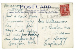 Ref 1387 - 1937 Canada Postcard - Very Good Slogan "Learn To Swim / Learn Life Saving" - Stanley Park View - Storia Postale