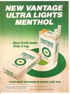 VANTAGE ULTRA LIGHTS 100'S PUBBLICITA' ORIGINALE PICTURE OF VINTAGE PAPER SIGARETTE - Advertising Items