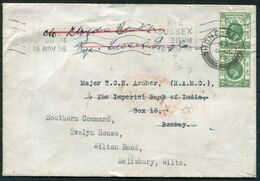 1936 H.K. Union Insurance Canton Ltd Cover - Major T.C.R. Archer Royal Army Medical Corps, Bombay, Salisbury,Rye England - Storia Postale