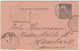 CARTE-LETTRE. 11 AVRIL 1891. BENIN. ENTIER 25c ALPHÉE DUBOIS. GRAND PORO POUR HAMBURG. LUANGO A MARSEILLE L.M. N° 3 1662 - Covers & Documents