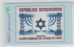 ISRAEL STAMP ON PHONE CARD DOMINICANA 50 YEARS OF ISRAEL - Stamps & Coins