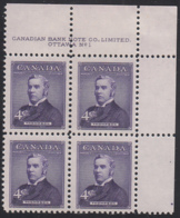 Canada 1954 MH Sc #349 4c Sir John Thompson Plate #1 UR - Num. Planches & Inscriptions Marge