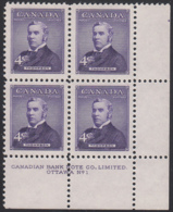 Canada 1954 MNH Sc #349 4c Sir John Thompson Plate #1 LR - Plate Number & Inscriptions