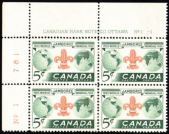 Canada 1955 MNH Sc #356 5c Boy Scouts World Jamboree Plate #1-1 UL - Números De Planchas & Inscripciones