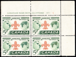 Canada 1955 MNH Sc #356 5c Boy Scouts World Jamboree Plate #1-1 UR - Números De Planchas & Inscripciones