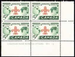 Canada 1955 MNH Sc #356 5c Boy Scouts World Jamboree Plate #1-1 LR - Plate Number & Inscriptions