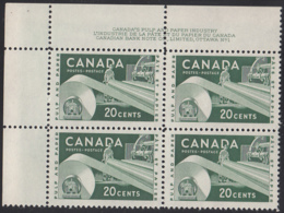 Canada 1956 MNH Sc #362 20c Paper Industry Plate #1 UL - Numeri Di Tavola E Bordi Di Foglio