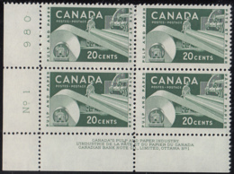 Canada 1956 MNH Sc #362 20c Paper Industry Plate #1 LL - Plate Number & Inscriptions