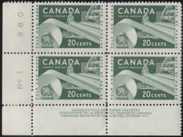 Canada 1956 MH Sc #362 20c Paper Industry Plate #1 LL - Plate Number & Inscriptions
