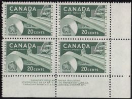 Canada 1956 MNH Sc #362 20c Paper Industry Plate #1 LR - Plate Number & Inscriptions