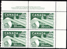 Canada 1956 MNH Sc #362 20c Paper Industry Plate #2 UR - Plate Number & Inscriptions