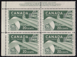 Canada 1956 MNH Sc #362 20c Paper Industry Plate #2n UL - Plate Number & Inscriptions