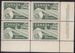 Canada 1956 MNH Sc #362 20c Paper Industry Plate #4 LR - Numeri Di Tavola E Bordi Di Foglio
