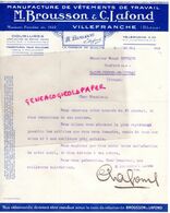 69- VILLEFRANCHE- FACTURE  M. BROUSSON ET C. LAFOND-MANUFACTURE VETEMENTS TRAVAIL-1929 - Kleding & Textiel