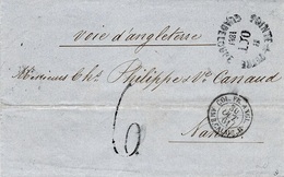 1861 - Enveloppe De Pointe à Pitre  Taxe 6 D Pour Nantes Entrée COL.FR.ANGL. / AMB. CALAIS . B  Noir - Marques D'entrées