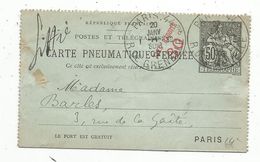 Carte Pneumatique Fermée ,50 ,TELEGRAPHE , PARIS . 44 ,R. DE GRENELLE , Taxe Réduite 30 C , 1902 - Pneumatic Post