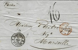 1865- Lettre De ST PIERRE ,voie Anglaise,pour Marseille ,taxe Tampon 16 - Covers & Documents