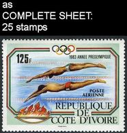 CV:€36.00 Ivory Coast 1983 Pre-Olympics Games In Los Angeles Downtown Diving 125F COMPLETE SHEET:25 Stamps - Tauchen