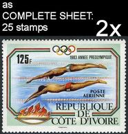 CV:€72.00 BULK: 2 X Ivory Coast 1983 Olympics Los Angeles Diving 125F COMPLETE SHEET:25 Stamps - Duiken