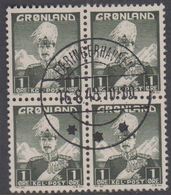 1938. Christian X And Polar Bear. 1 Øre Olive Black. 4-Block. FÆRINGERHAVNEN 16 8 48. (Michel 1) - JF364849 - Gebraucht