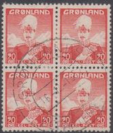 1946. Christian X And Polar Bear. 20 Øre Red. 5. Kr. 4-Block. GRØNLANDS DEPARTEMENTET... (Michel 26) - JF364850 - Gebraucht