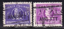 TRIESTE A 1949 1952 AMG - FTT ITALIA ITALY OVERPRINTED RECAPITO AUTORIZZATO LIRE 15+20 SERIE COMPLETA USATA USED OBLITER - Fiscaux