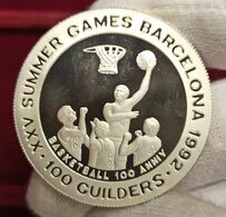 Surinam 100 Guilders Olympic Games 1992 - Basketball Km 40.1 Plata - Suriname 1975 - ...
