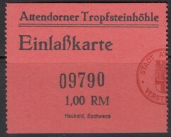 Attendorn, Tropfsteinhöhle, Atta-Höhle, Eintrittskarte Erwachsene, 1939 - Tickets D'entrée