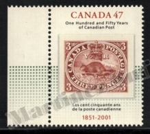 Canada 2001 Yvert 1854, Post. 150th Anniv Canadian Post. 1st Stamp. Fauna. Beaver - Tab - MNH - Ongebruikt