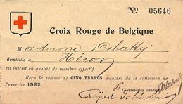 Croix Rouge De Belgique - Carte De Membre 1922 (timbres) - 1900 – 1949