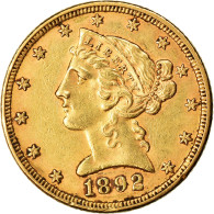 Monnaie, États-Unis, Coronet Head, $5, Half Eagle, 1892, U.S. Mint - 5$ - Half Eagle - 1866-1908: Coronet Head