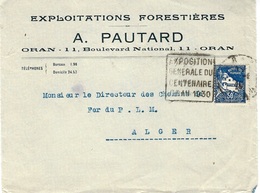 1930- DEVANT D'enveloppe  à En-tête Affr. 50 C Oblit. FDaguin " EXPOSITION / GENERALE DU / CENTENAIRE / ORAN 1930 " - Storia Postale