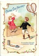 3 Tradecards Litho Chromos Van Houten SPORTS Children Hunt Fishing Tennis - Cacao Dutch Chocolate  Chokolade - Van Houten