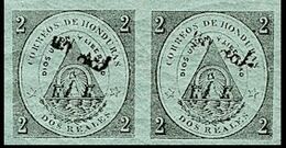 CV:€45.60 HONDURAS 1877 Coat Of Arms 1/2r Green OVPT.black IMPERF.PAIR - Volcanos