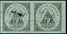 CV:€45.60 HONDURAS 1877 Coat Of Arms 1/2r Green OVPT.black MARG.IMPERF.PAIR - Volcanos