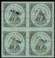 CV:€91.20 HONDURAS 1877 Coat Of Arms 1/2r Green OVPT.black IMPERF.4-BLOCK Volcano - Volcanos