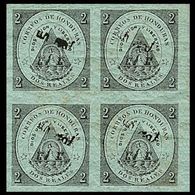 CV:€91.20 HONDURAS 1877 Coat Of Arms 1/2r Green OVPT.black MARG.IMPERF.4-BLOCK Volcano - Volcanos