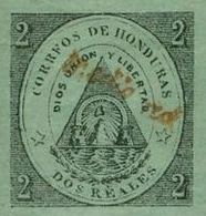 CV:€221.80 HONDURAS 1877 Coat Of Arms 1/2r Green OVPT.red IMPERF. - Volcanos