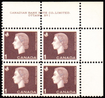 Canada 1963 MNH Sc #401 1c QEII Cameo Plate #1 UR - Plate Number & Inscriptions