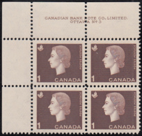 Canada 1963 MNH Sc #401 1c QEII Cameo Plate #3 UL - Plate Number & Inscriptions