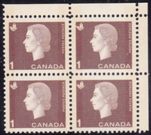 Canada 1963 MNH Sc #401p 1c QEII Cameo W2B Narrow Selvedge UR - Plaatnummers & Bladboorden