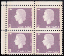 Canada 1963 MNH Sc #403p 3c QEII Cameo Purple W2B Narrow Selvedge UL - Plattennummern & Inschriften